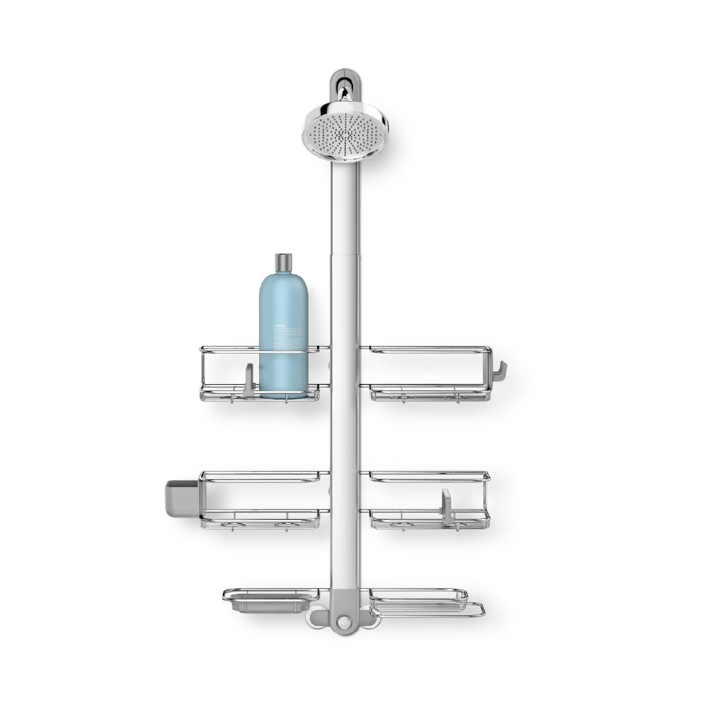 simplehuman front view of hanging shower caddy showing organized family storage