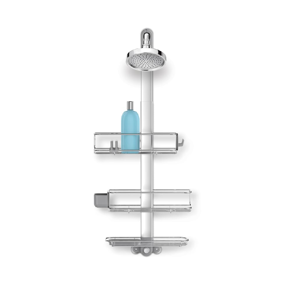 simplehuman front view of large shower caddy shows organized storage and durable finish