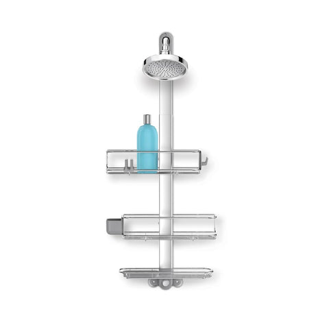simplehuman front view of large shower caddy shows organized storage and durable finish