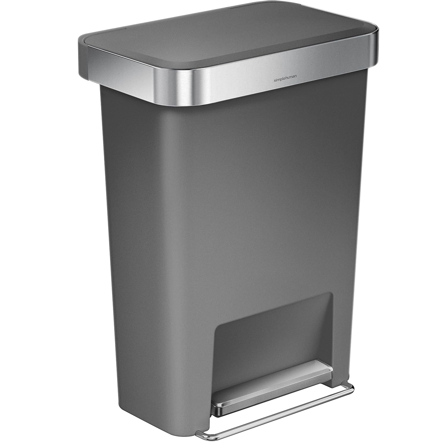 simplehuman front view showing grey can and tidy design for neat kitchens