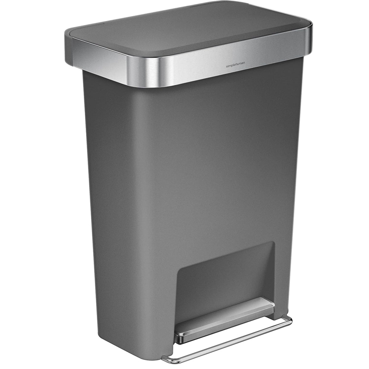 simplehuman front view showing grey can and tidy design for neat kitchens