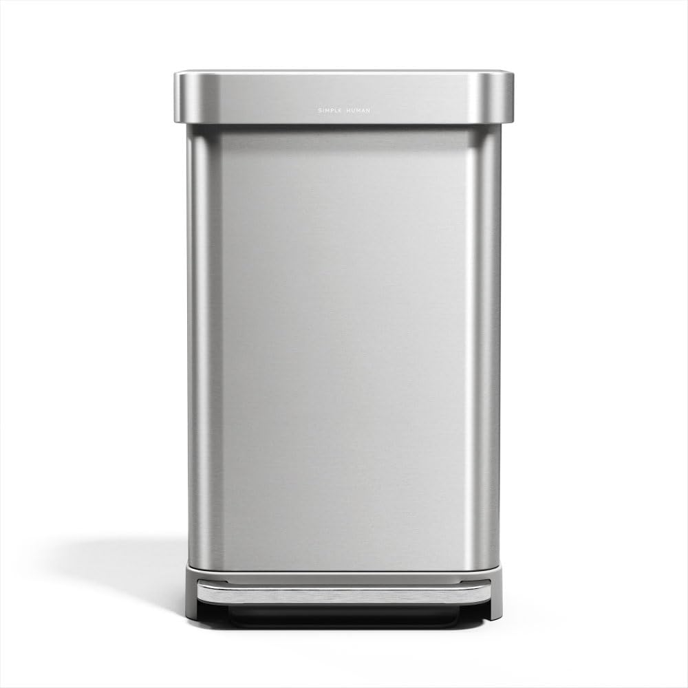 simplehuman front view showing sleek rectangular can and tidy silhouette benefit: saves floor space