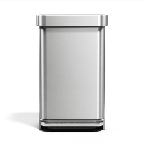 simplehuman front view showing sleek rectangular can and tidy silhouette benefit: saves floor space