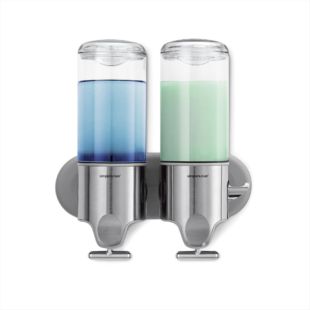 simplehuman front view stainless steel dispenser showing clean mounted look and space-saving benefit