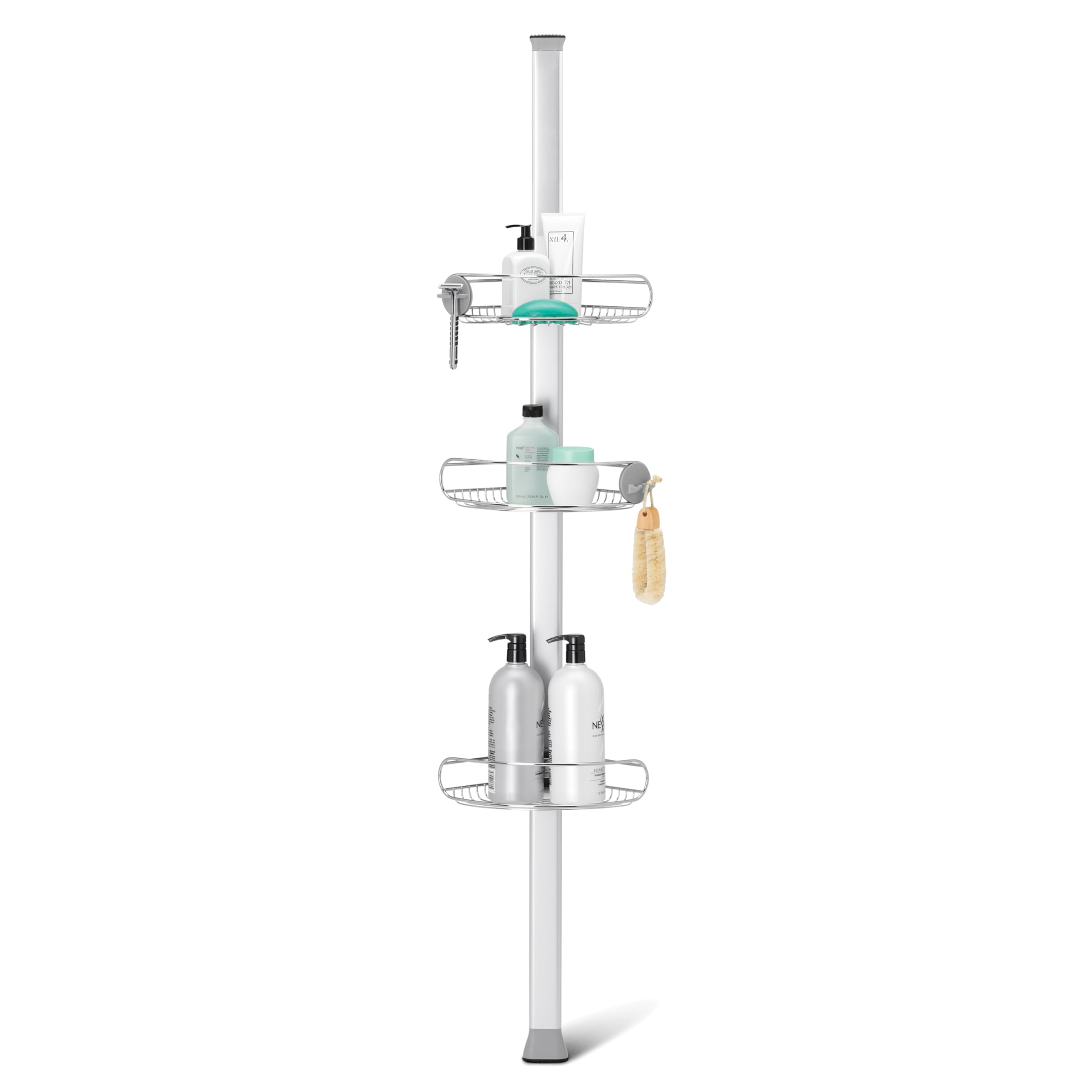 simplehuman front view tension pole caddy shows neat storage and quick install benefit