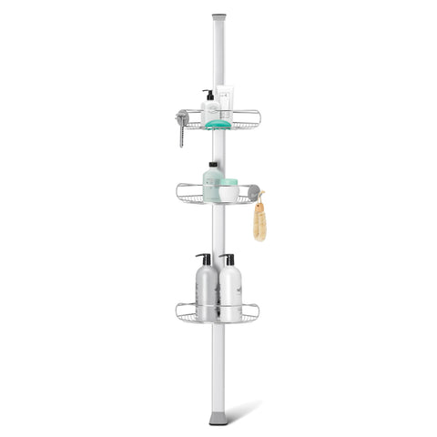 simplehuman front view tension pole caddy shows neat storage and quick install benefit