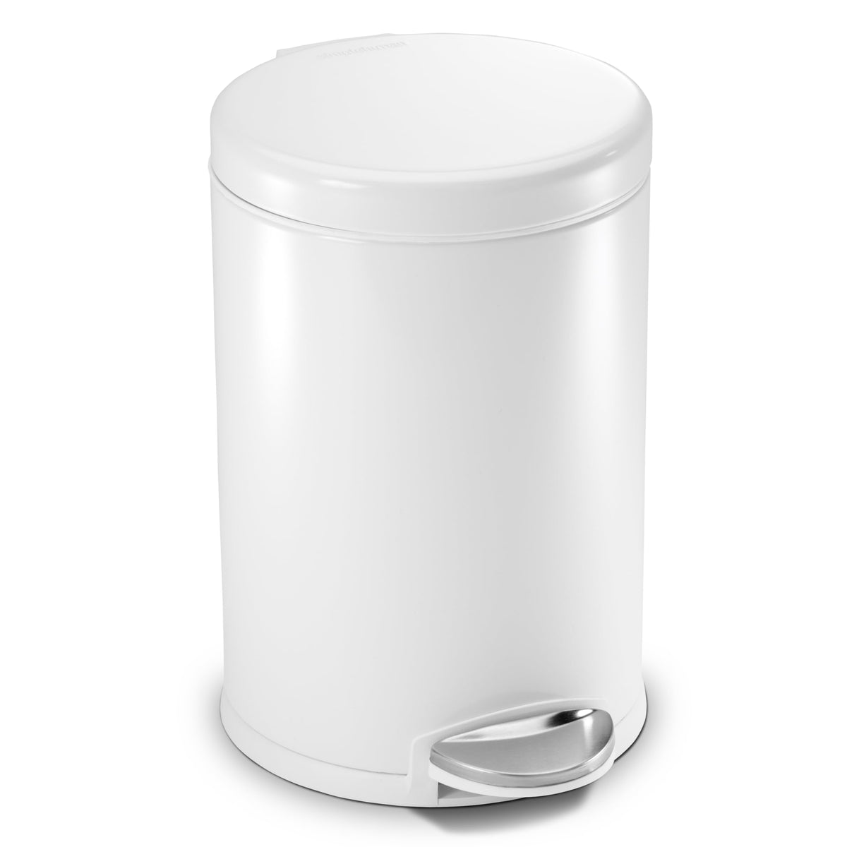 simplehuman front view white steel can showing compact footprint and modern finish