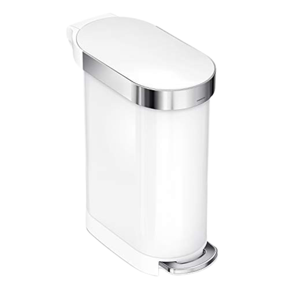 simplehuman front view showing slim stainless steel can and tidy appearance