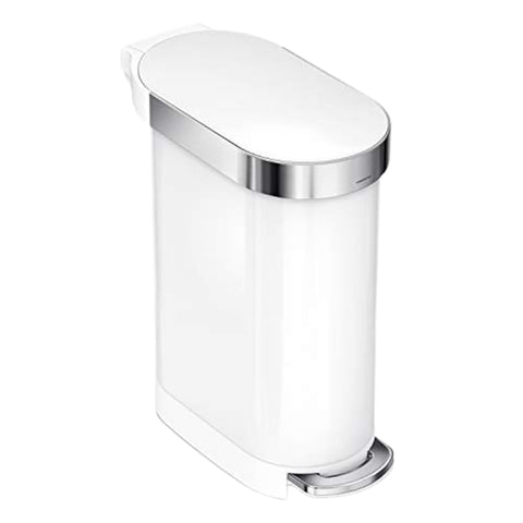 simplehuman front view showing slim stainless steel can and tidy appearance