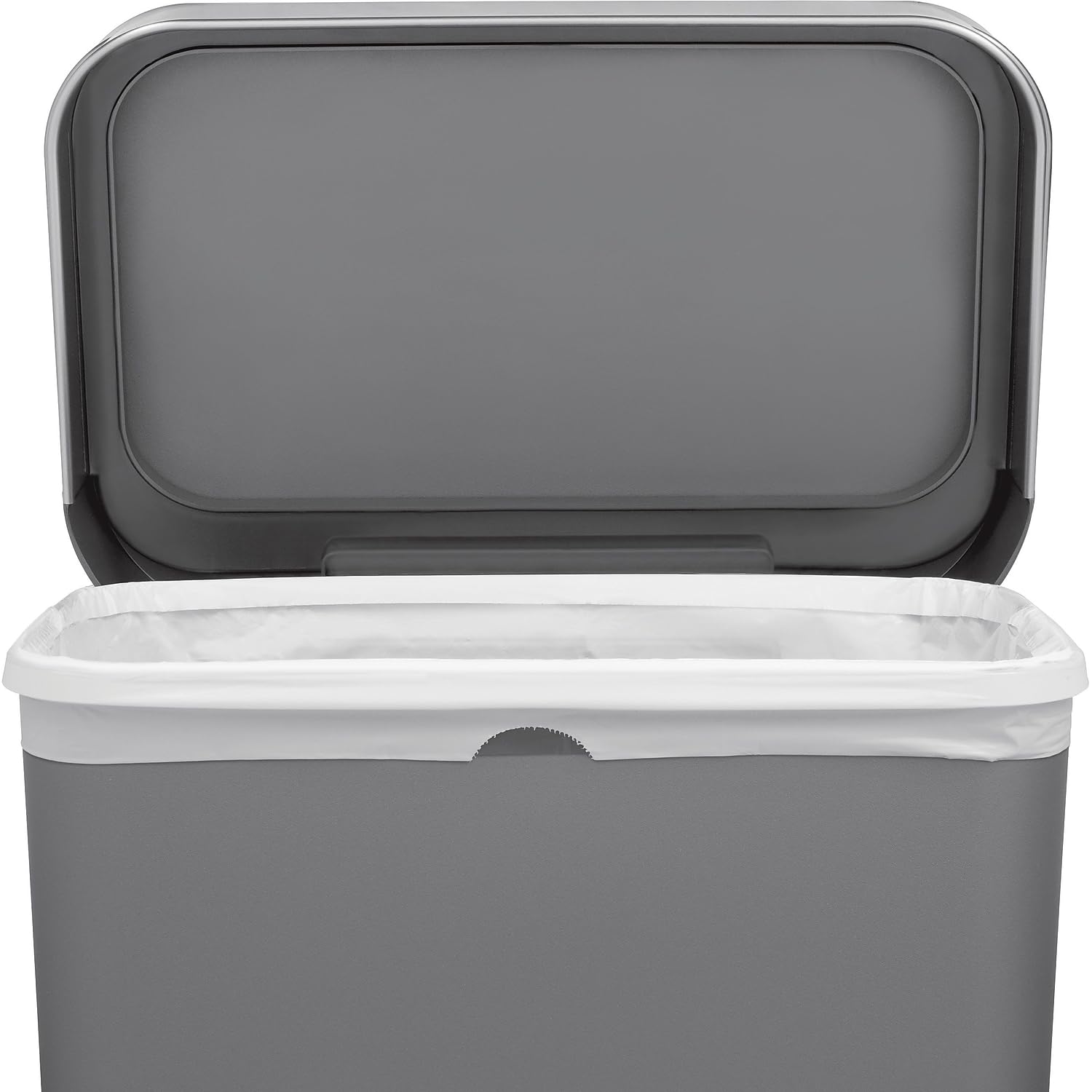 simplehuman placed by kitchen cabinets showing discreet, fingerprint-resistant finish
