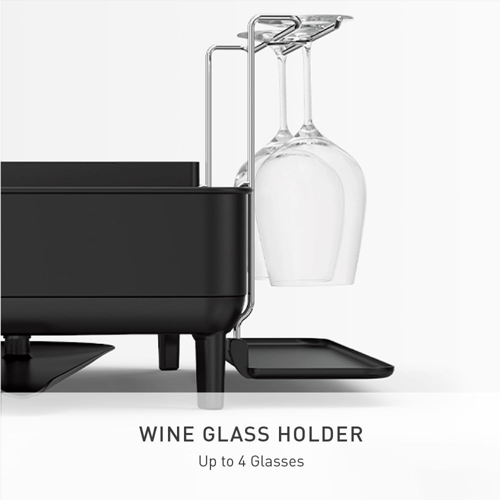 simplehuman dishrack on countertop in modern kitchen demonstrating tidy drying