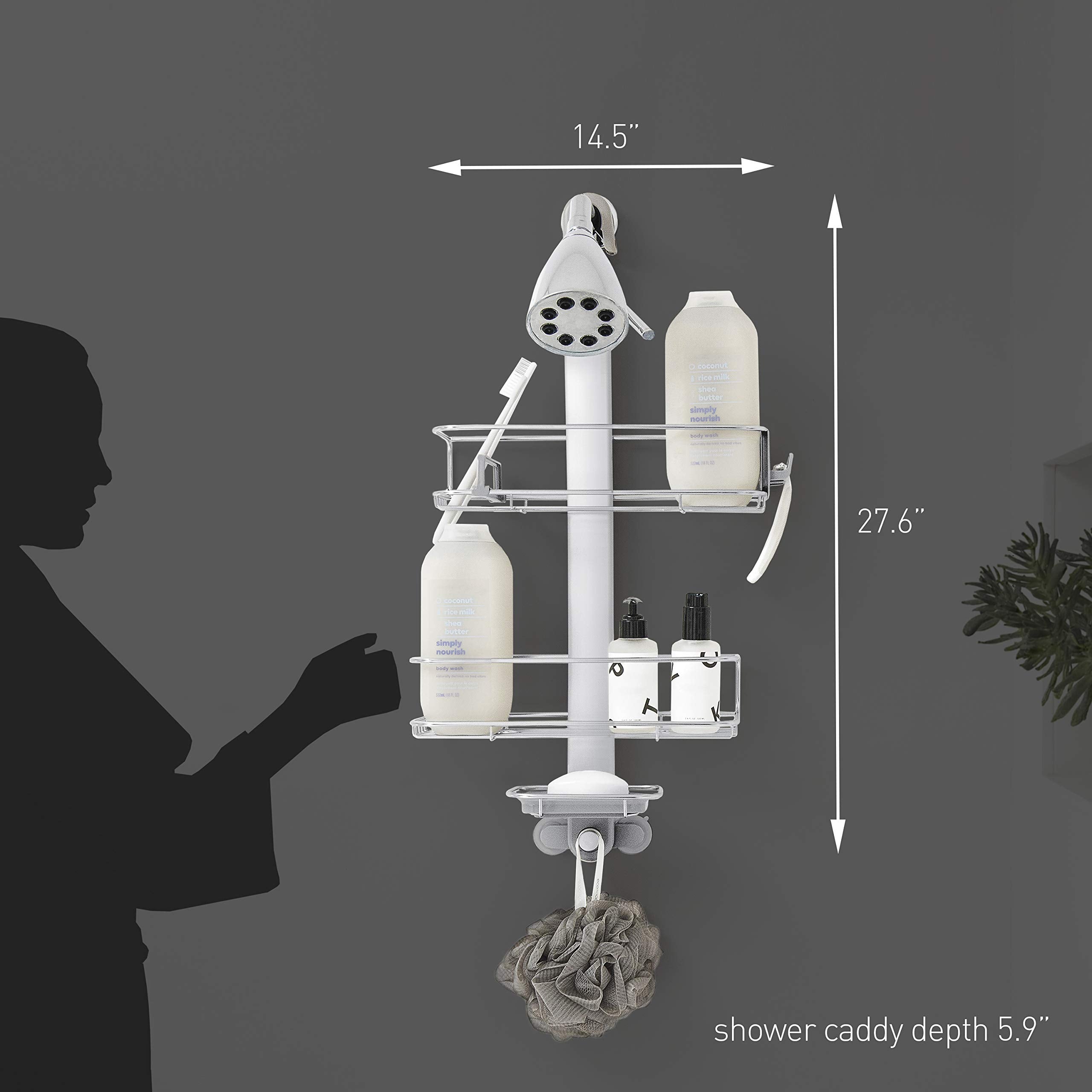 simplehuman caddy in shower setting demonstrating tidy modern bathroom storage