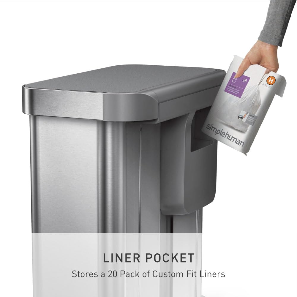 simplehuman liner pocket open with liners visible for quick one-hand dispensing