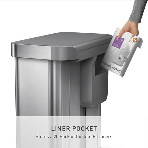 simplehuman liner pocket open with liners visible for quick one-hand dispensing