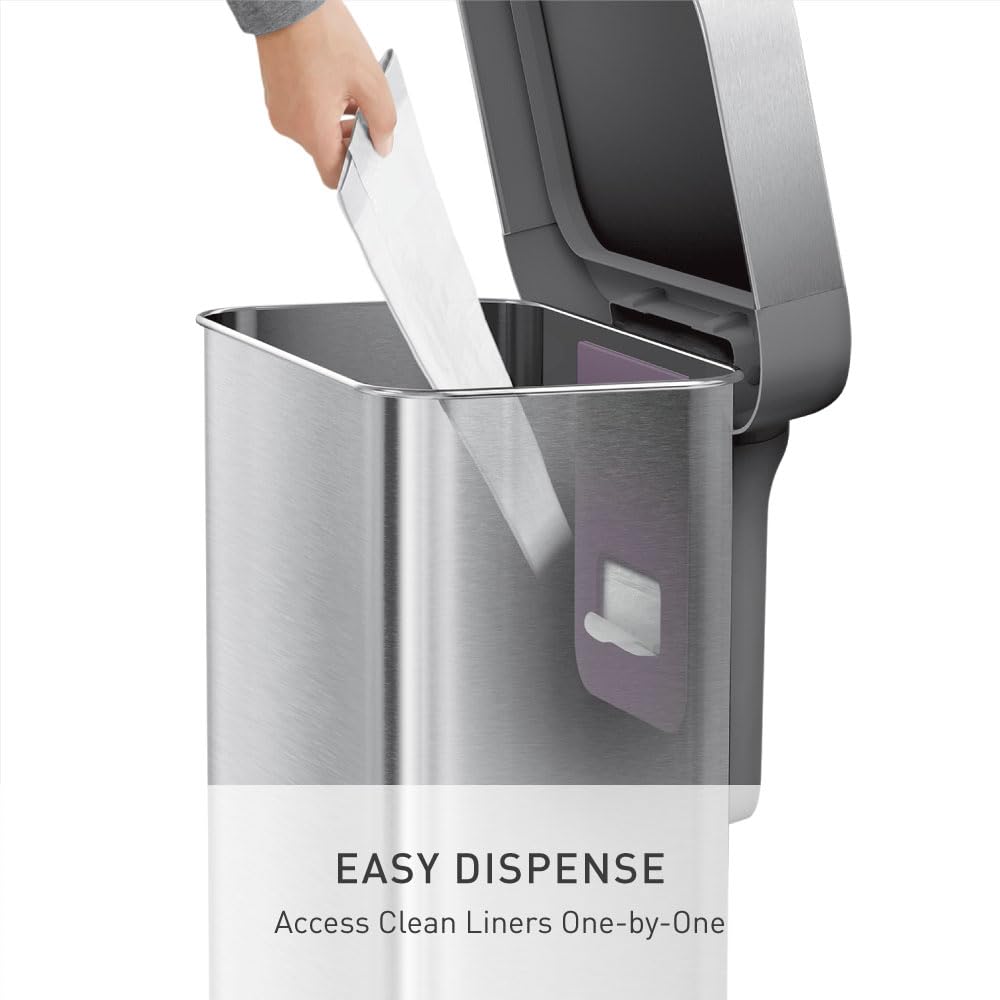 simplehuman liner pocket open with stored bags benefit: instant access to liners
