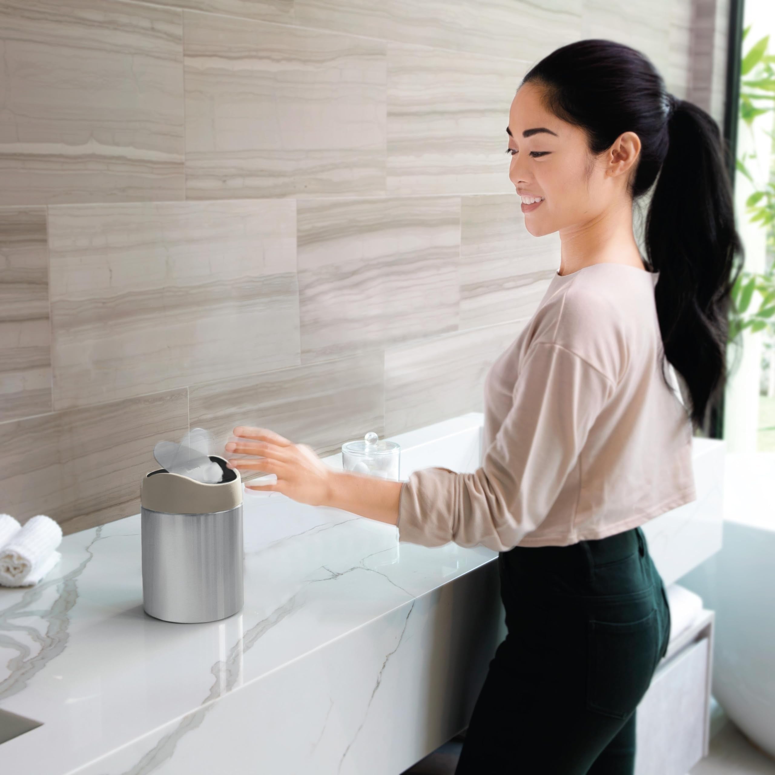 simplehuman slide-out drawer open with liner, conceals waste benefit
