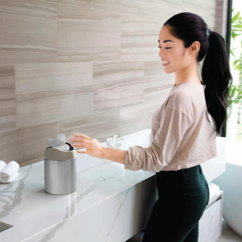 simplehuman slide-out drawer open with liner, conceals waste benefit