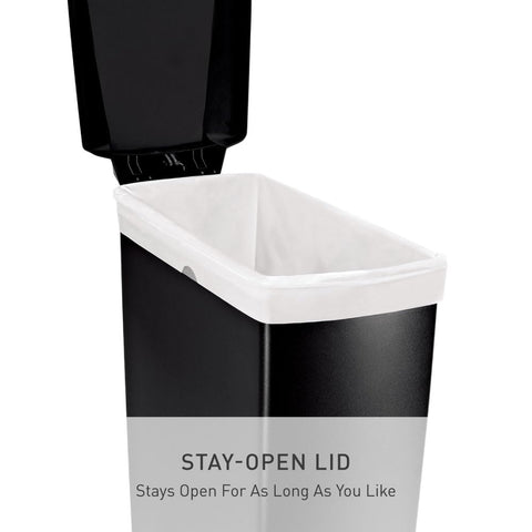 simplehuman open lid revealing interior and wheels for easy repositioning