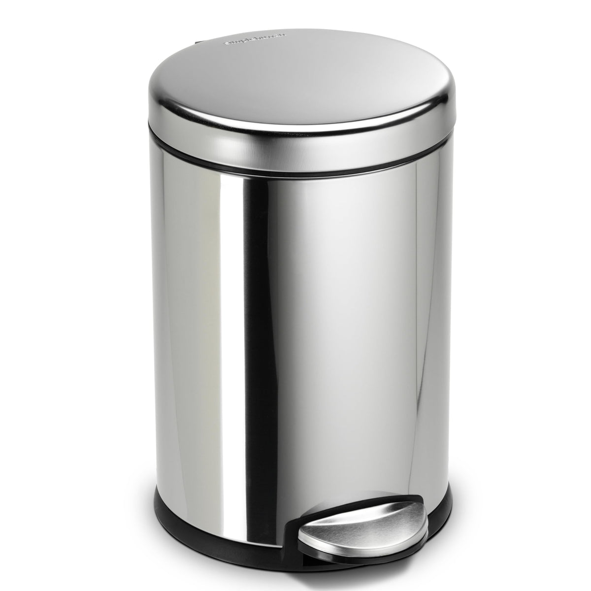 simplehuman polished stainless front view showing compact footprint and sleek profile benefit: space-saving