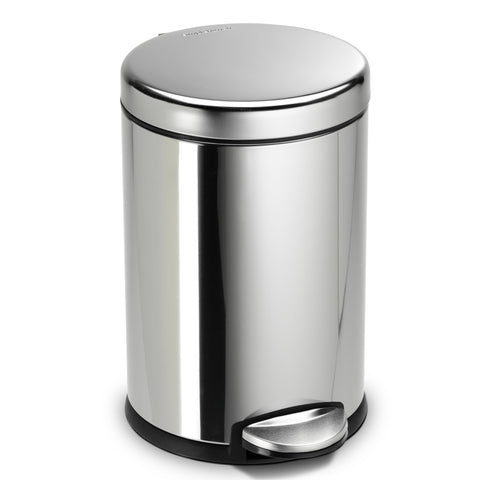 simplehuman polished stainless front view showing compact footprint and sleek profile benefit: space-saving