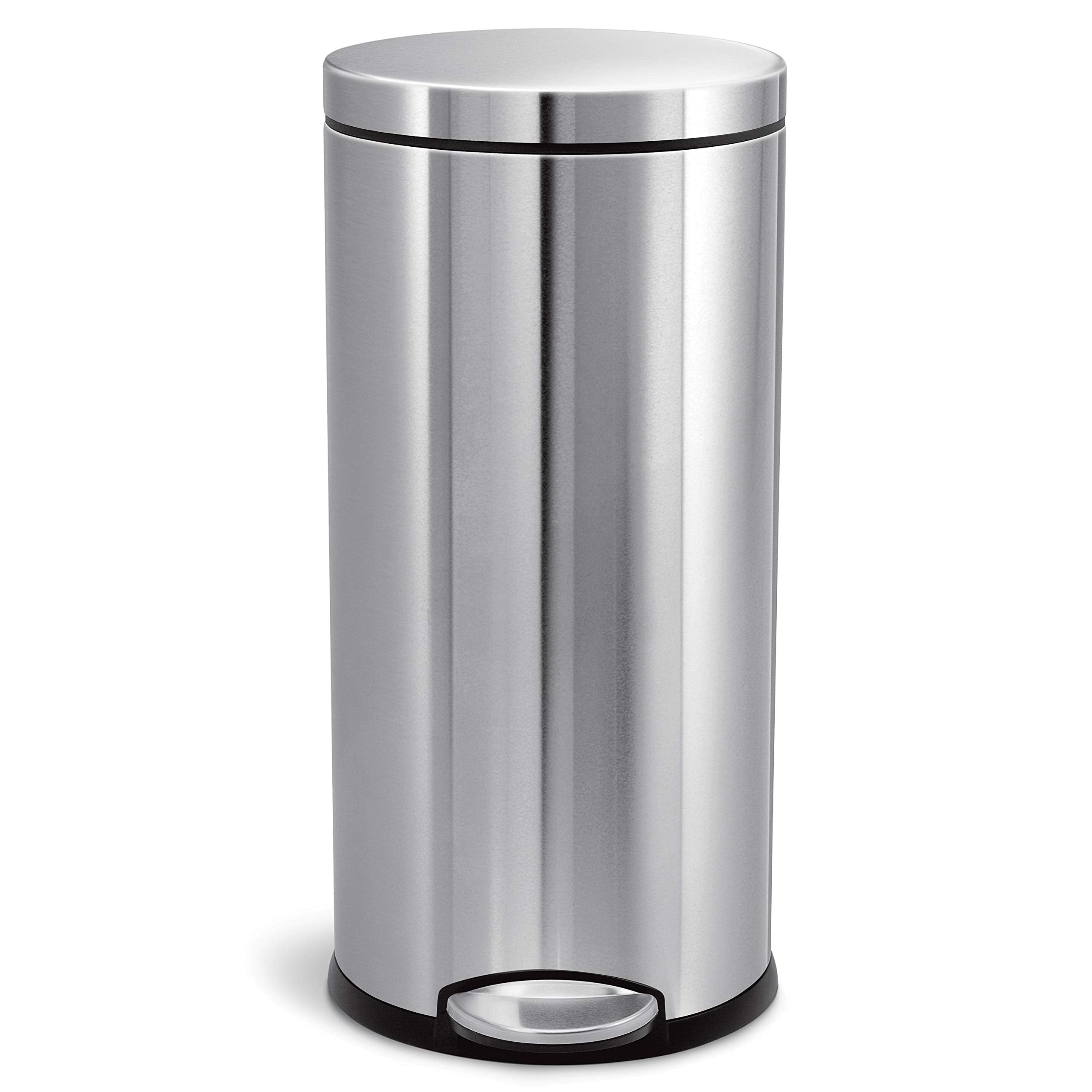 simplehuman front view of brushed stainless round step can showing sleek silhouette and neat footprint