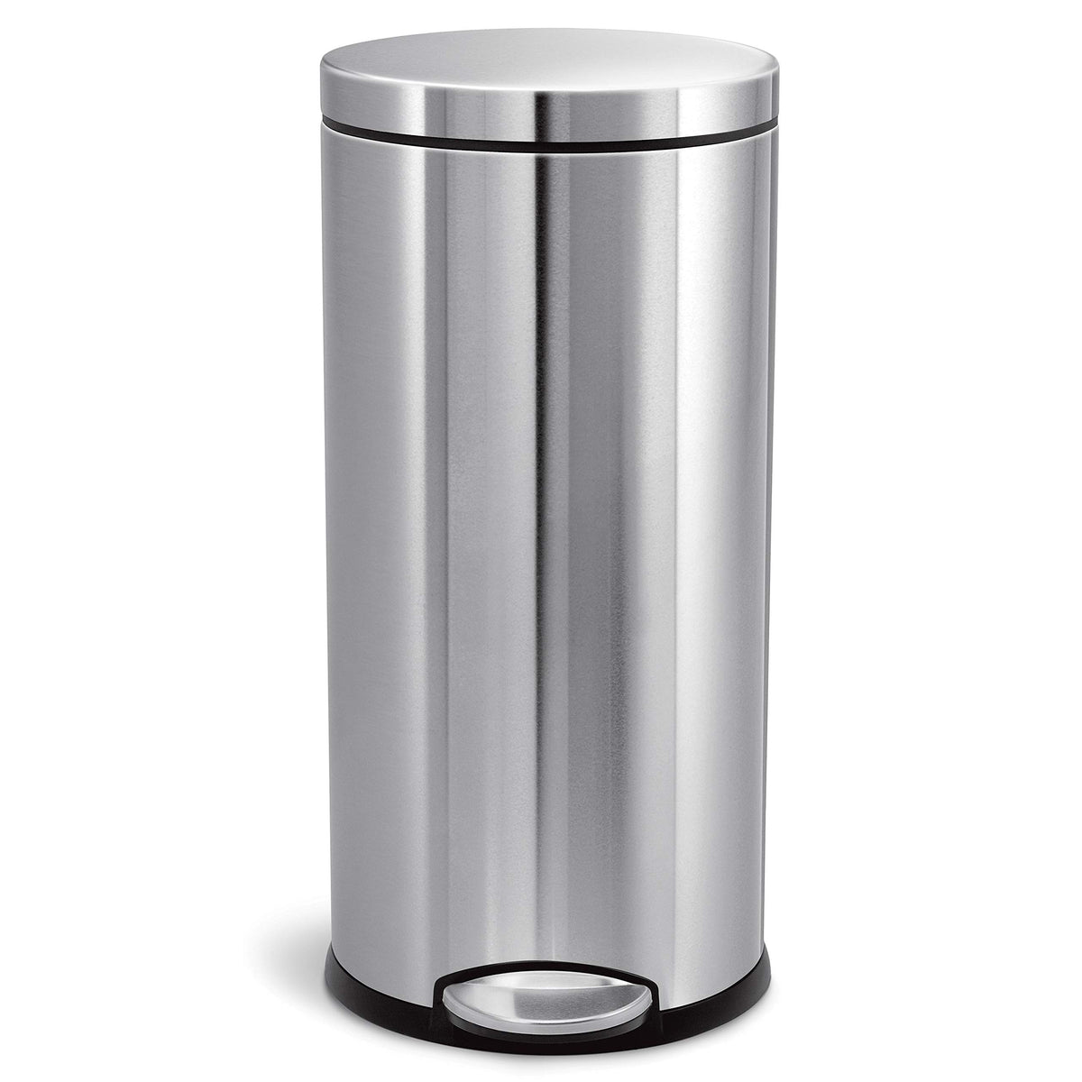 simplehuman front view of brushed stainless round step can showing sleek silhouette and neat footprint