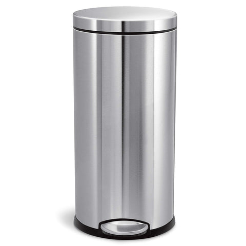 simplehuman front view of brushed stainless round step can showing sleek silhouette and neat footprint