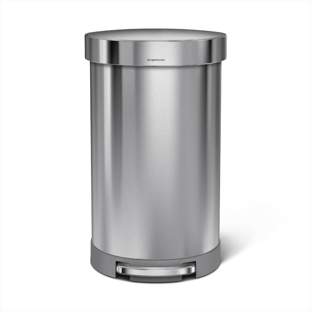 simplehuman semi-round front view in brushed steel showing sleek profile and space-saving benefit