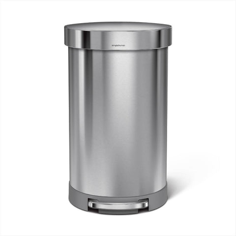 simplehuman semi-round front view in brushed steel showing sleek profile and space-saving benefit