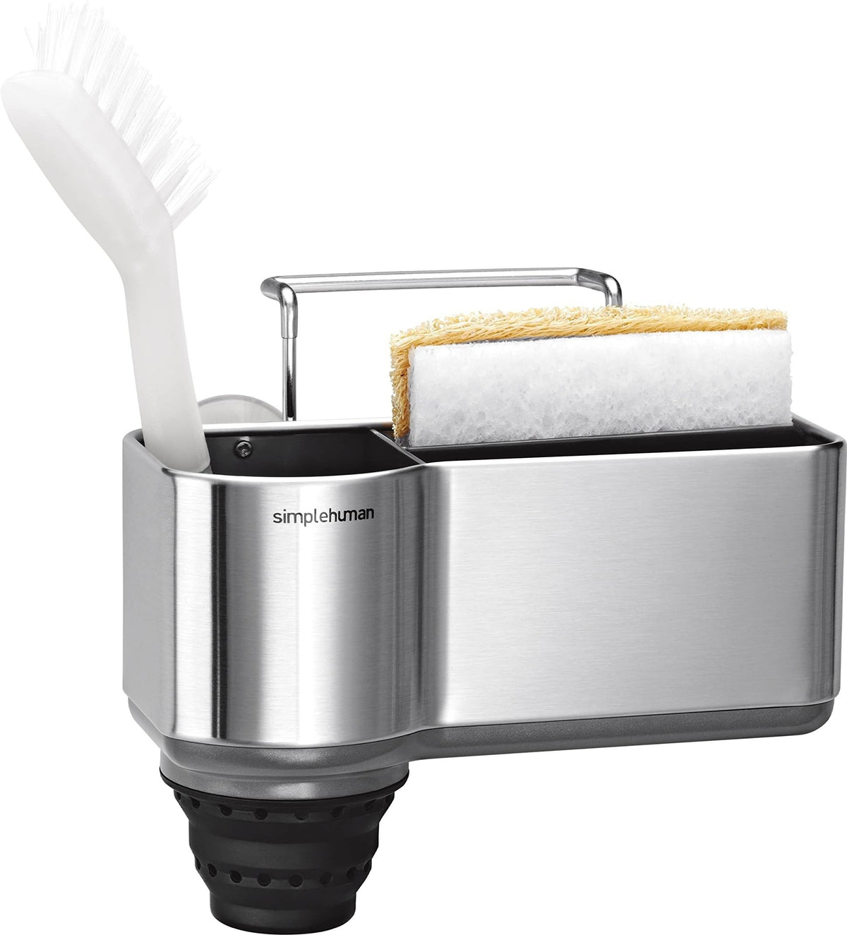 simplehuman front view showing stainless sponge holder, organized and space-saving