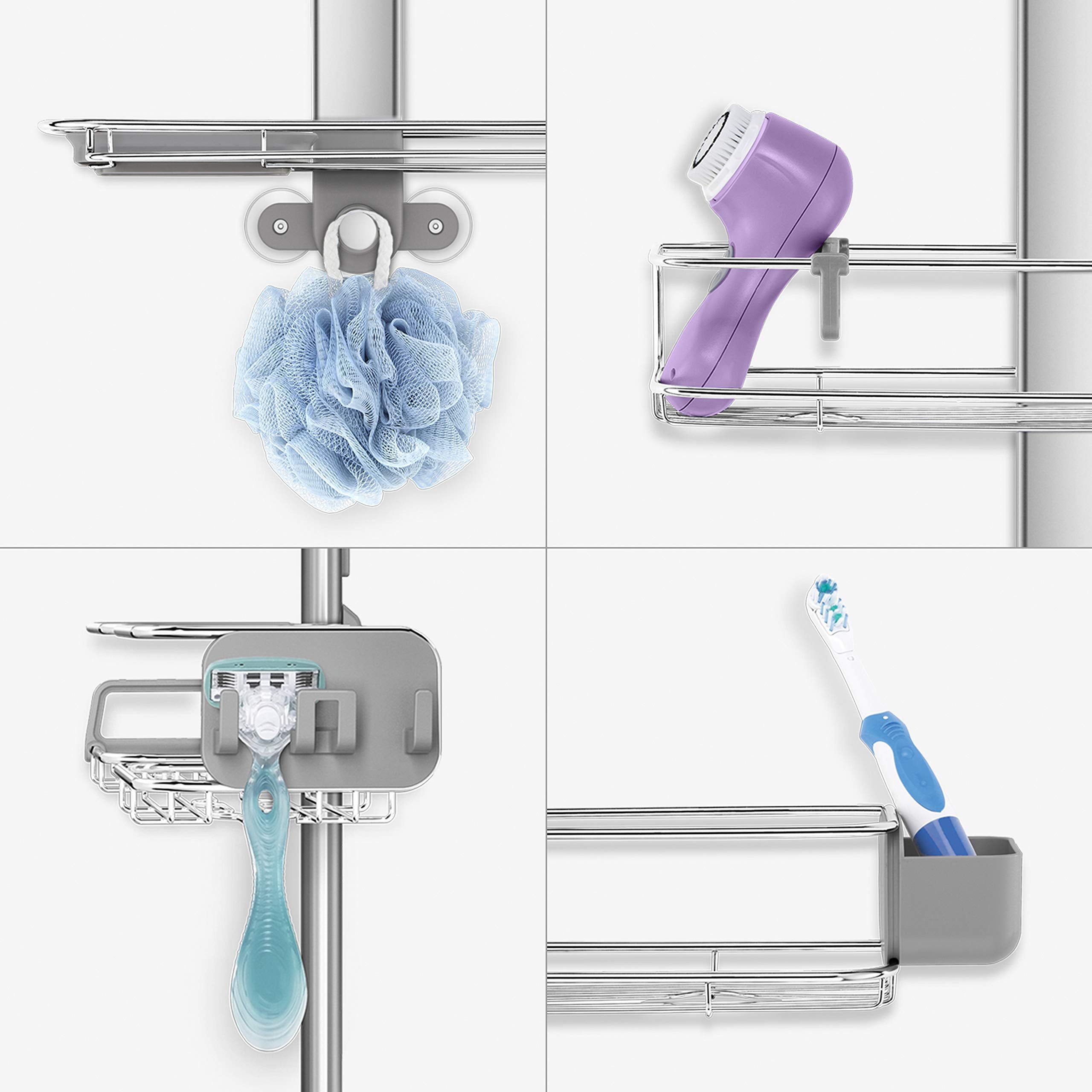 simplehuman caddy next to full-size bottles showing scale and generous capacity
