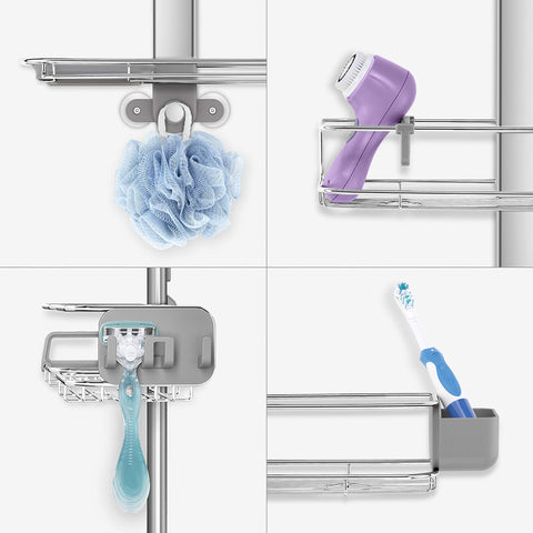 simplehuman caddy next to full-size bottles showing scale and generous capacity