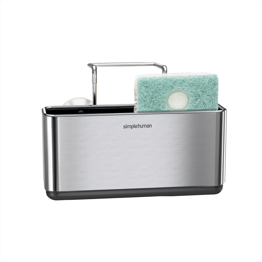simplehuman front view of slim sink caddy showing compact profile and neat storage benefit
