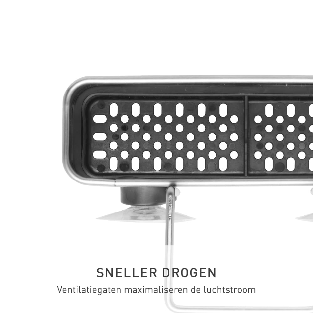 simplehuman caddy next to sponges illustrating compact scale to save counter space benefit