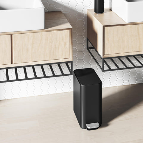 simplehuman side profile highlighting slim shape that fits tight bathroom spaces