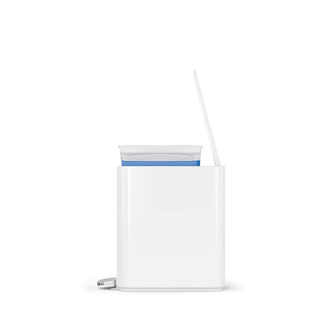 simplehuman top lid detail with internal hinge shown for flush-against-wall installation benefit