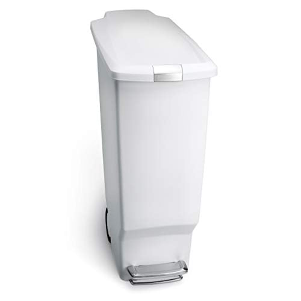 simplehuman slim white front view showing compact footprint and tidy look