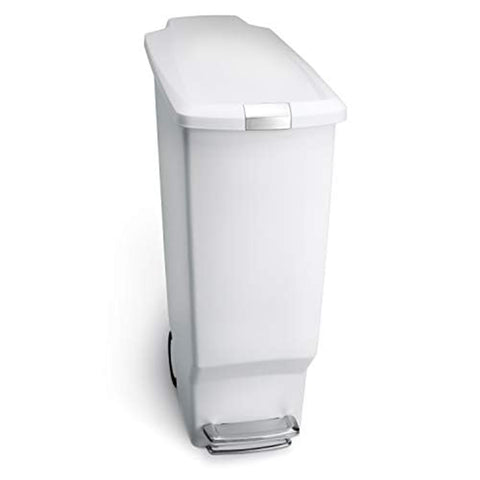 simplehuman slim white front view showing compact footprint and tidy look