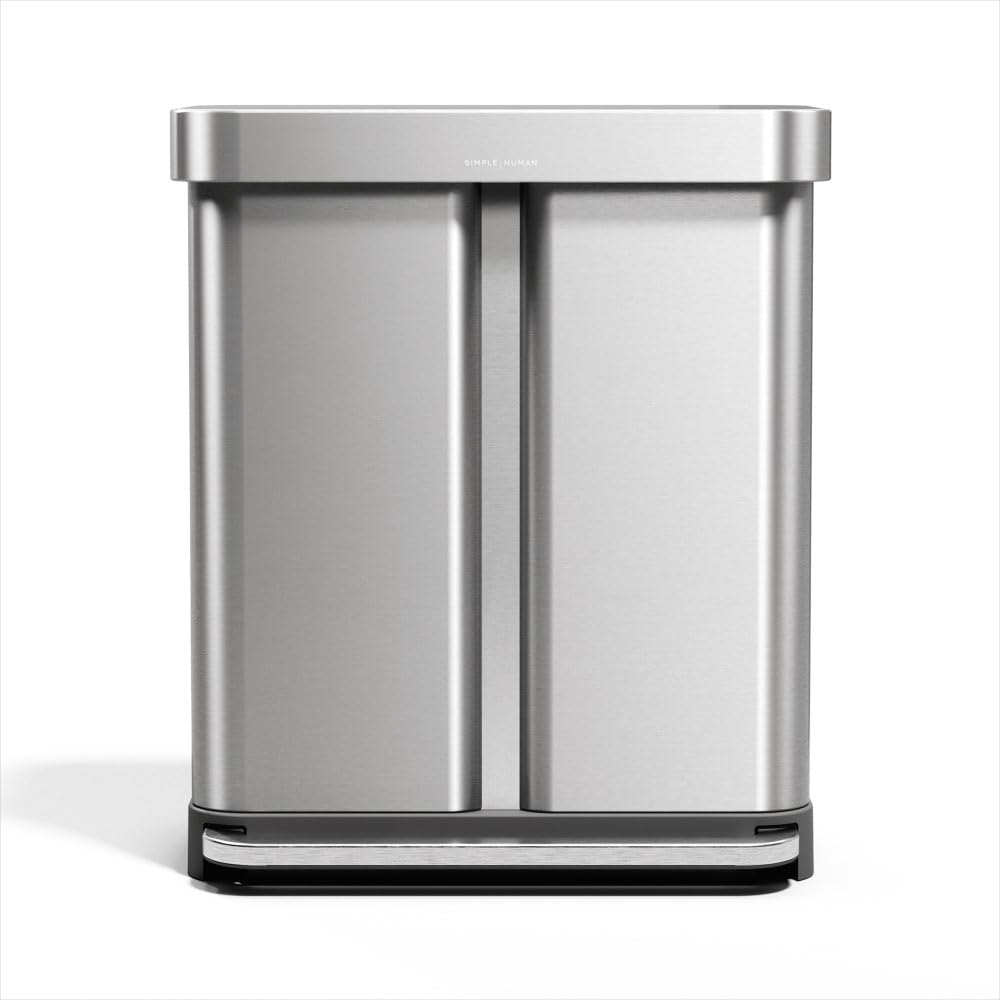 simplehuman front view of recycler showing dual compartments and clean profile benefit: saves floor space
