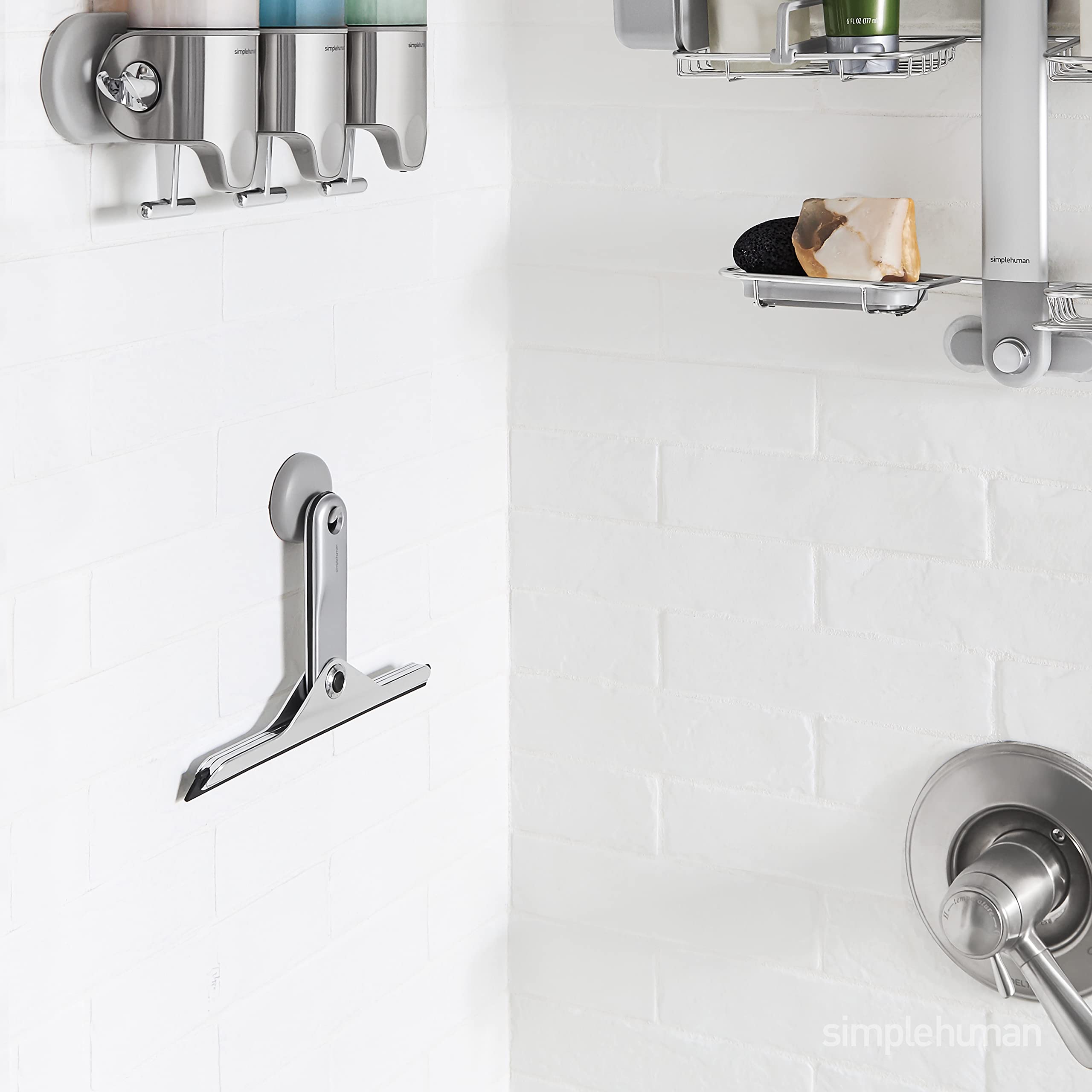 simplehuman suction hanger on tile holding squeegee for convenient access