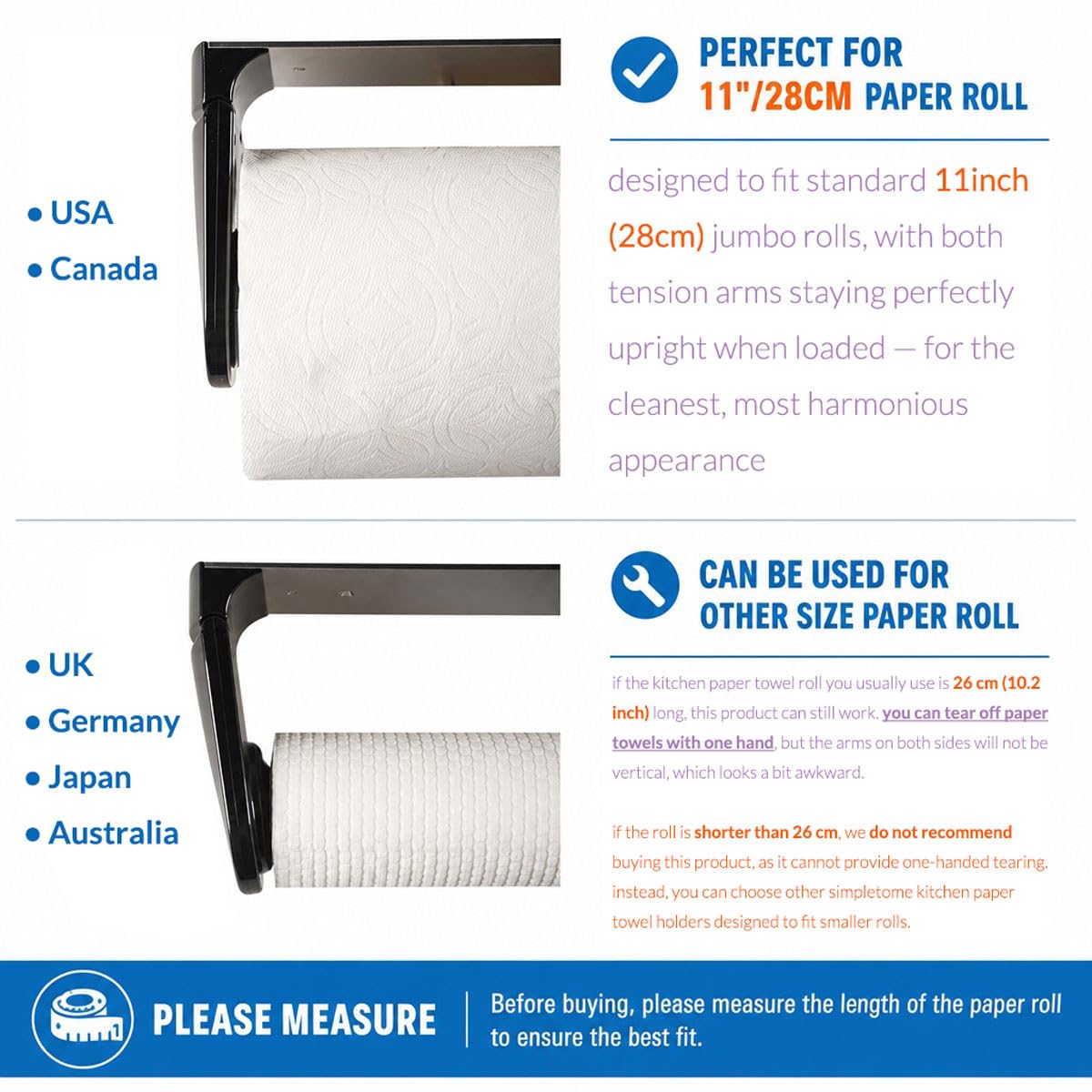 simpletome holder with roll size comparison showing compatible fit