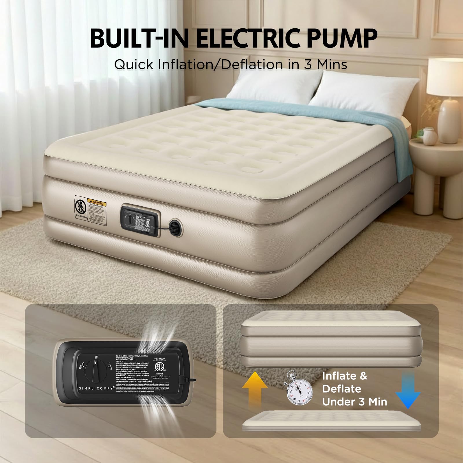 Simpli Comfy built-in pump and controls for fast quiet inflation benefit