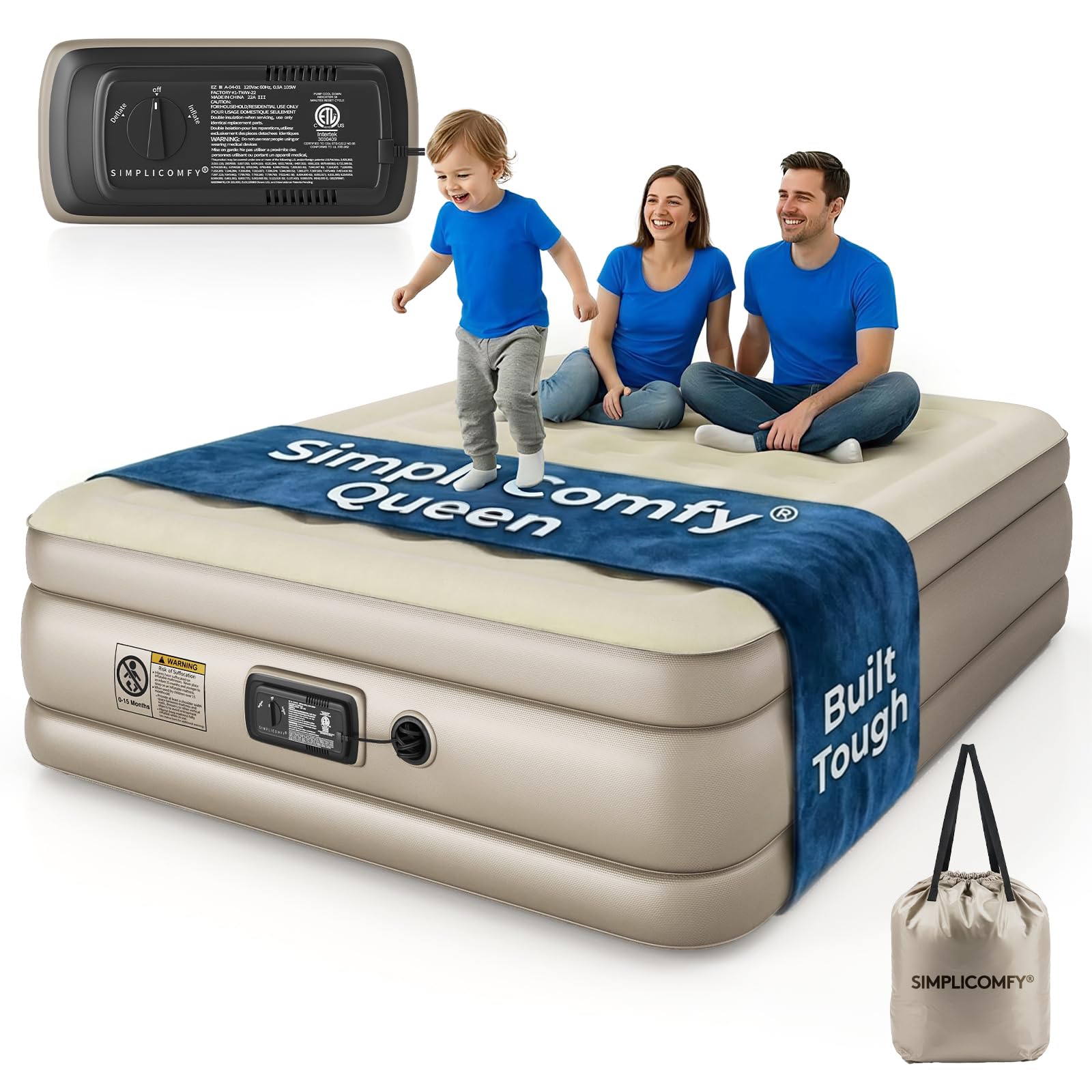 Simpli Comfy front view of inflated queen mattress showing full-height comfort