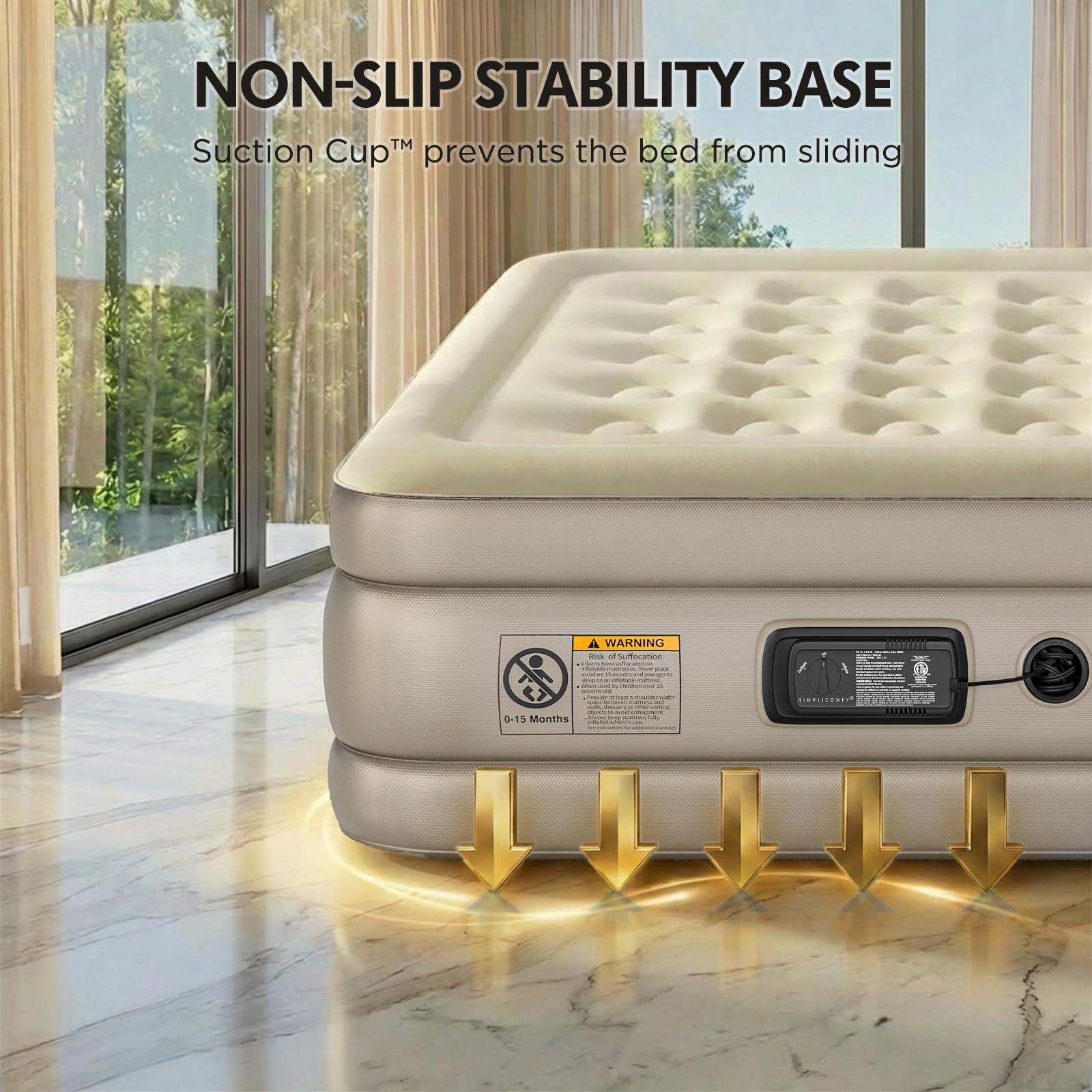 Simpli Comfy inflated mattress staged in bedroom demonstrating guest-ready comfort