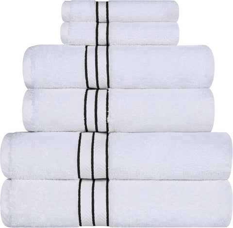 SIMPLI-MAGIC front view of towel set packaging showing black stripes and included pieces, highlights value