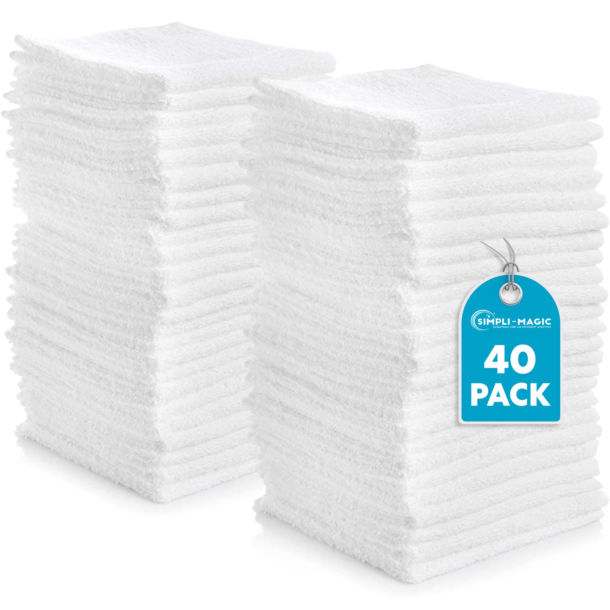SIMPLI-MAGIC front packaging showing 40-count white cotton washcloths, value and convenience