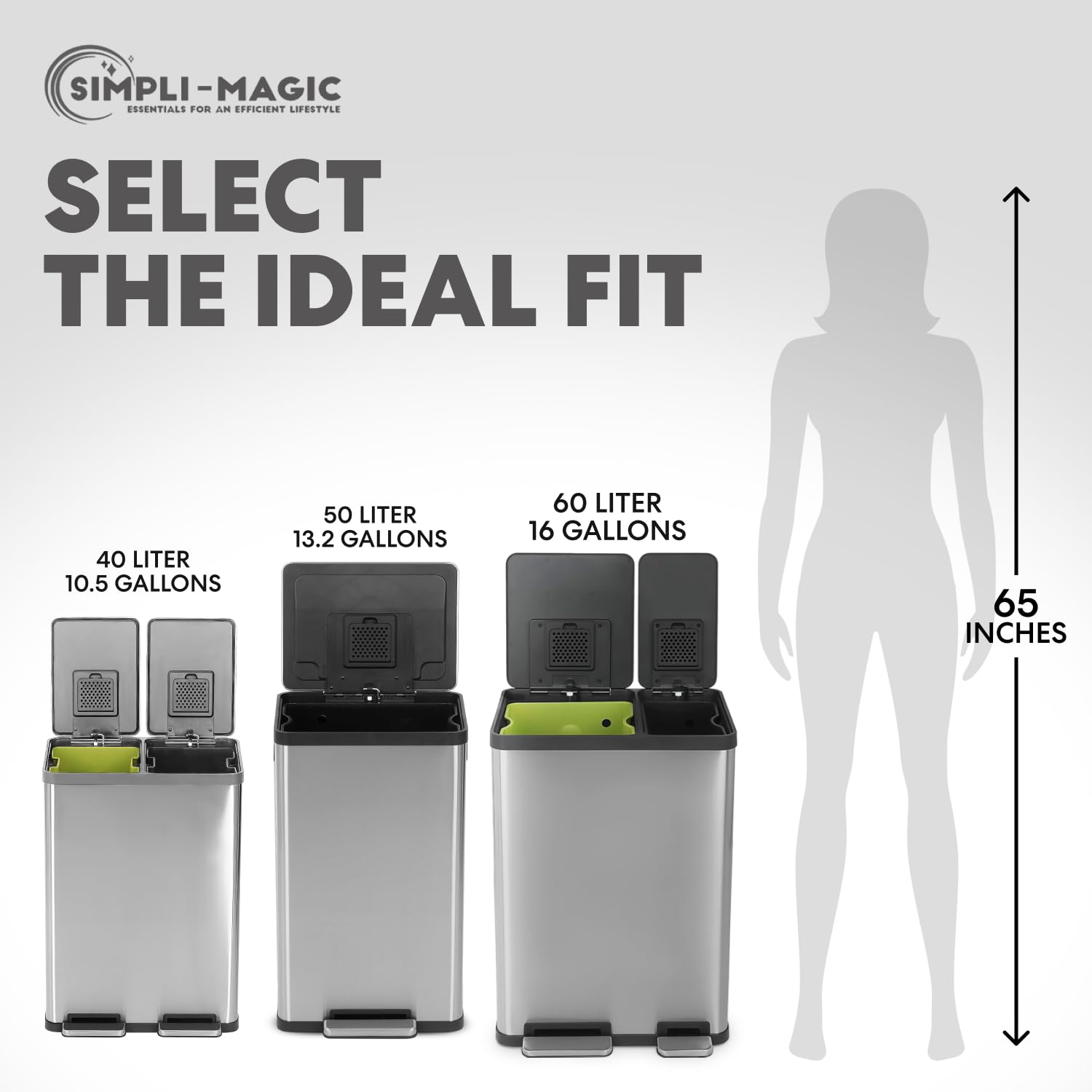SIMPLI-MAGIC interior split compartments with green recycling and black waste liners for organized sorting