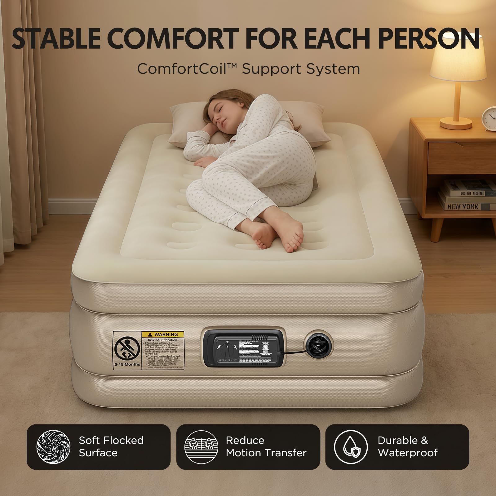 Simpli Comfy built-in electric pump detail illustrating fast quiet inflation convenience
