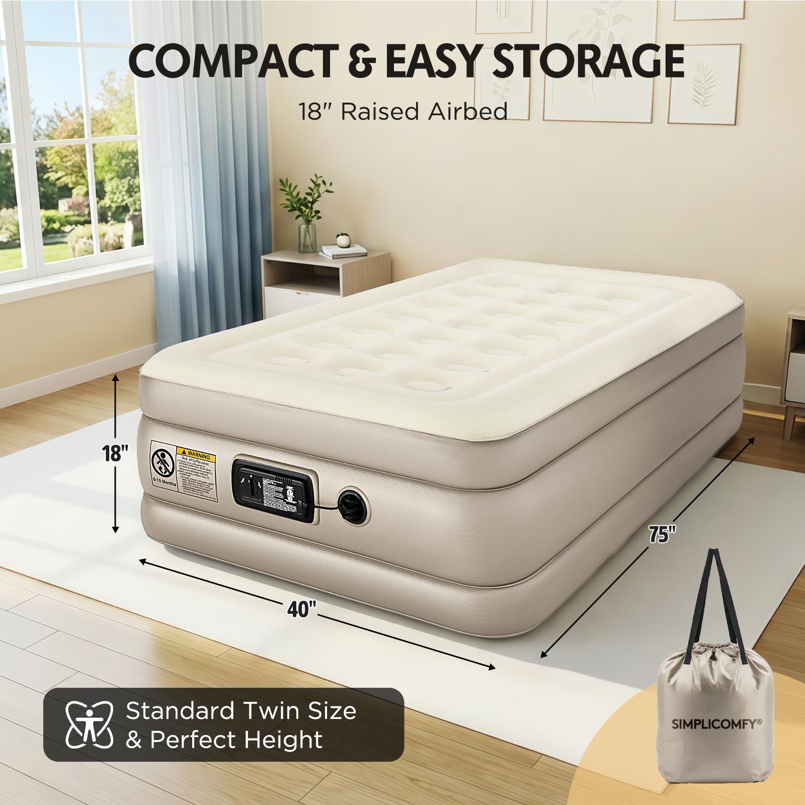 Simpli Comfy deflated mattress folded in carry bag for compact transport and easy storage