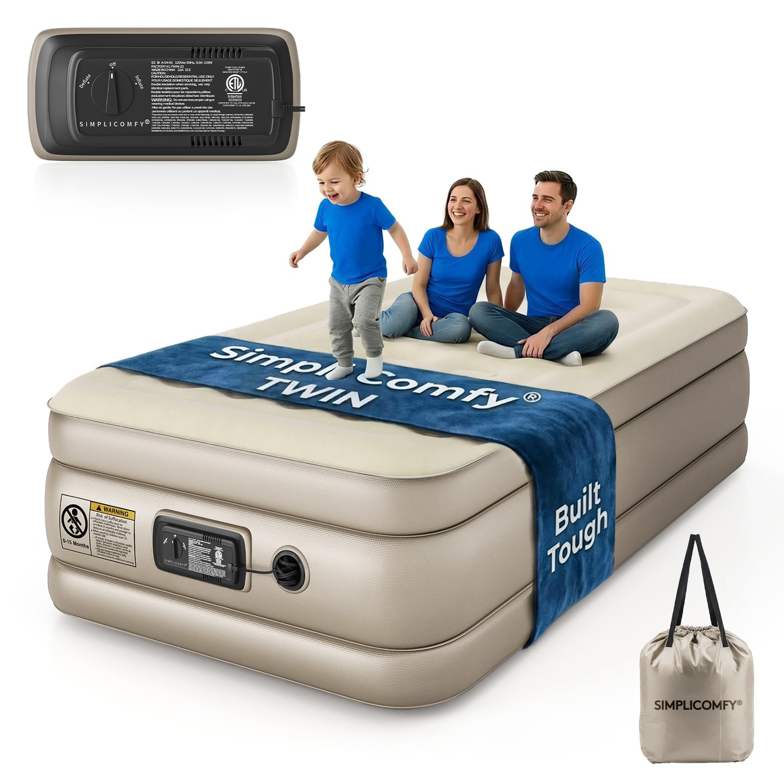 Simpli Comfy front view of inflated twin mattress showing height and profile, for comfortable elevated sleep